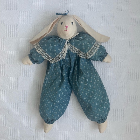 Primitive Sitting Bunny Doll Blue Calico Cottage Easter Decor - Picture 2 of 11